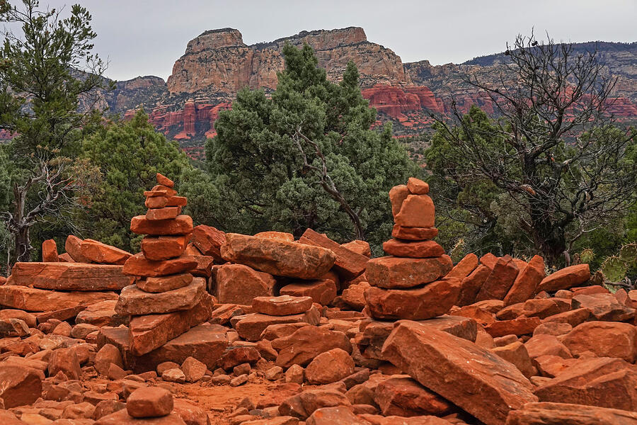 Rock Cairns along the Mescal Trail in Sedona Arizona Photograph by Toby McGuire