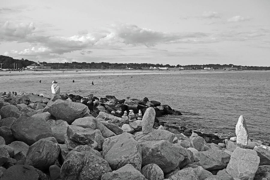 Rock Cairns of Narragansett Beach Narragansett RI Black and White Photograph by Toby McGuire