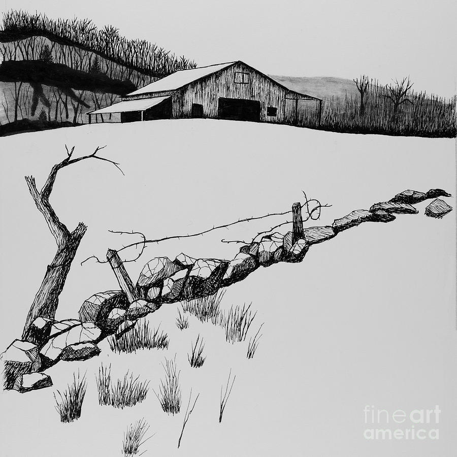 Rock Fence and Ozark Barn in Winter Drawing by Garry McMichael