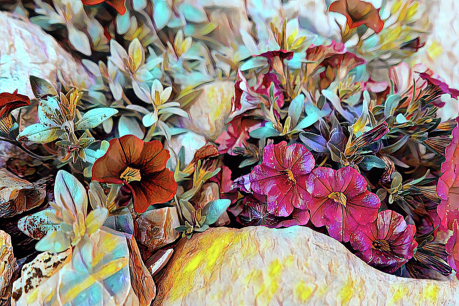 Rock garden with colorful flowers oil painting Painting by Patricia Piotrak