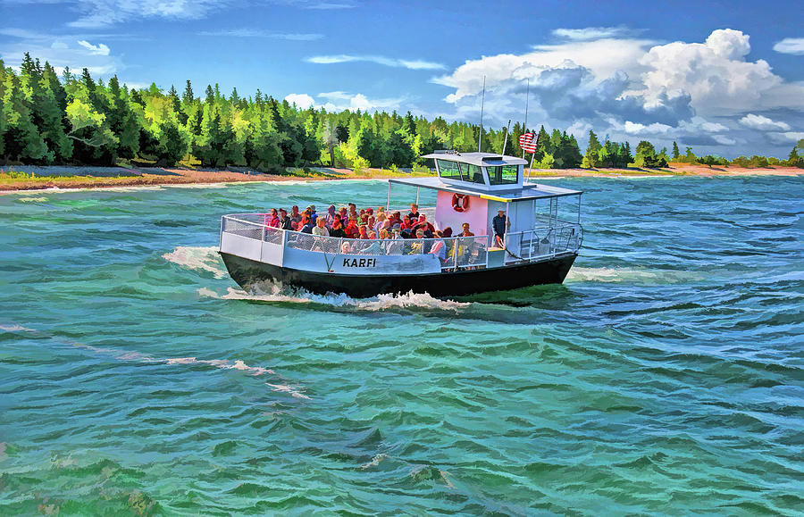 Rock Island Karfi Ferry Waves in Door County Painting by Christopher Arndt