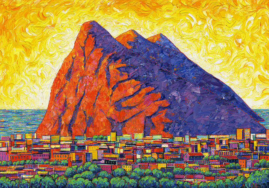 ROCK OF GIBRALTAR IN SUNSHINE commissioned palette knife oil large painting Ana Maria Edulescu Painting by Ana Maria Edulescu