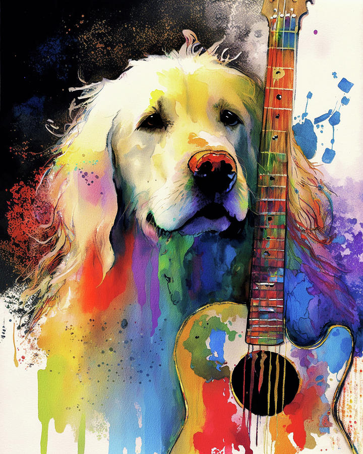 Music Painting - Rock Star Musician - Fanny Anime Golden Retriever Dog Colorful Graphic 005 by Aryu