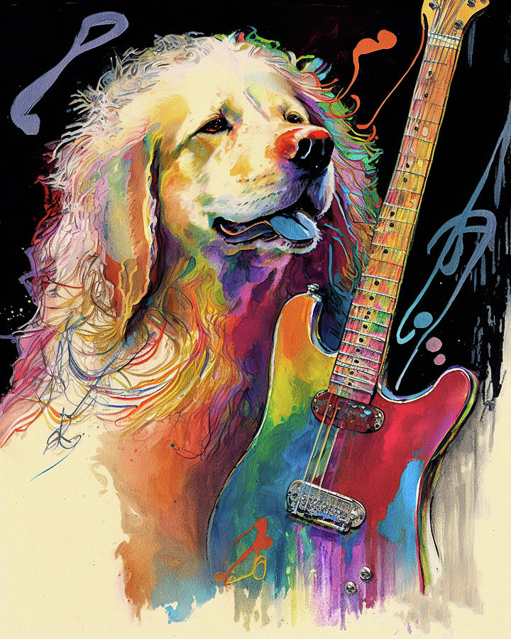 Music Painting - Rock Star Musician - Fanny Anime Golden Retriever Dog Colorful Graphic 009 by Aryu