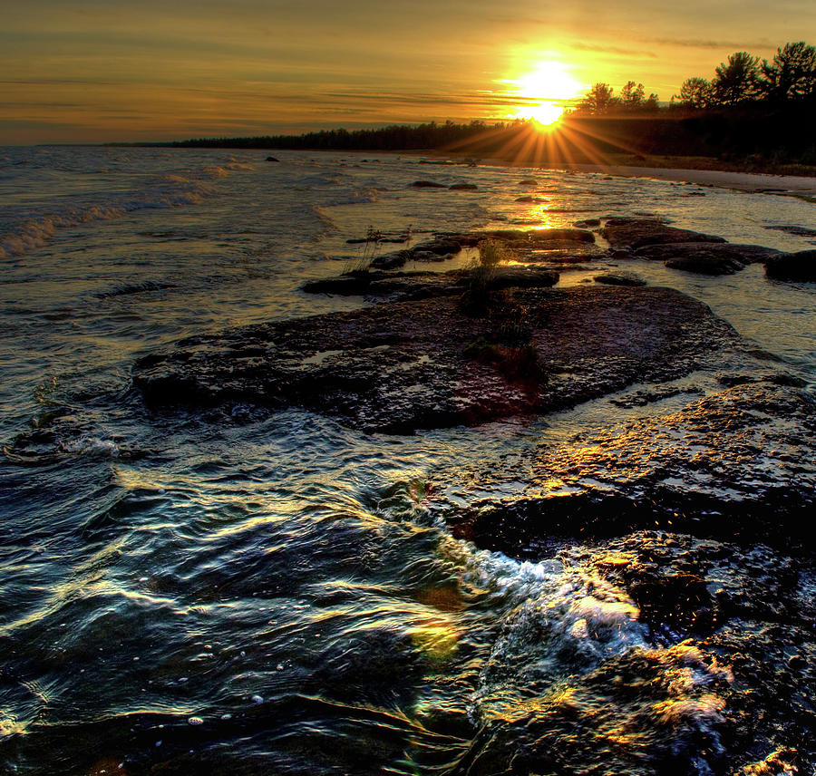 Rock Sunset on Lake Michigan - Naubinway, Michigan USA - Photograph by Edward Shotwell