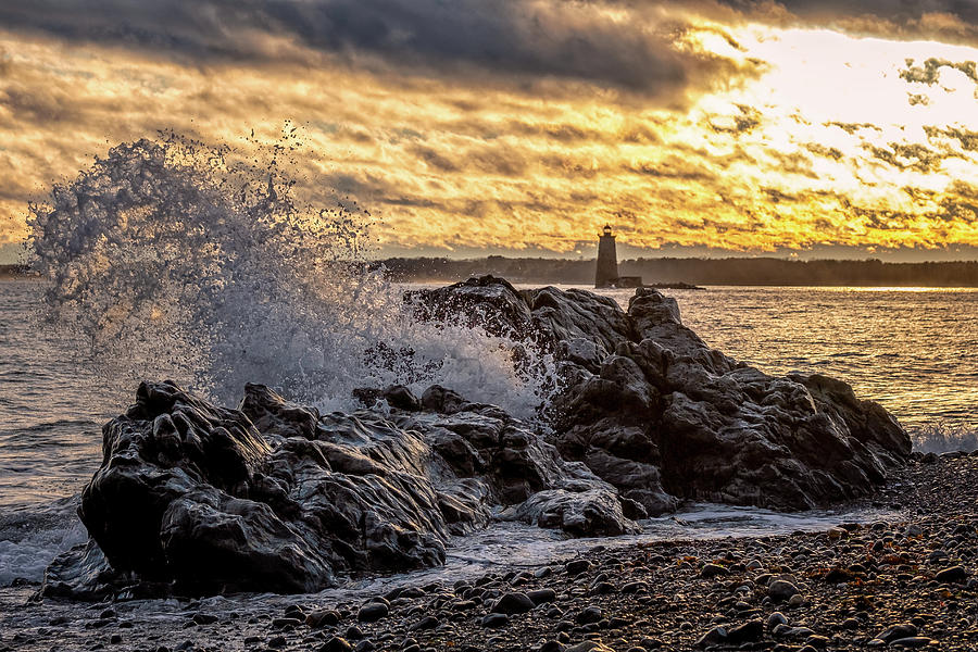 Rock, Waves, and Whaleback Light Photograph by Jeff Sinon