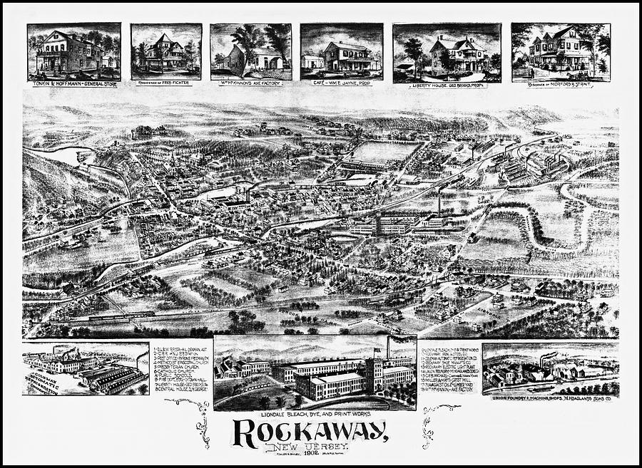 Rockaway New Jersey Vintage Map Aerial View 1902 Black and White 