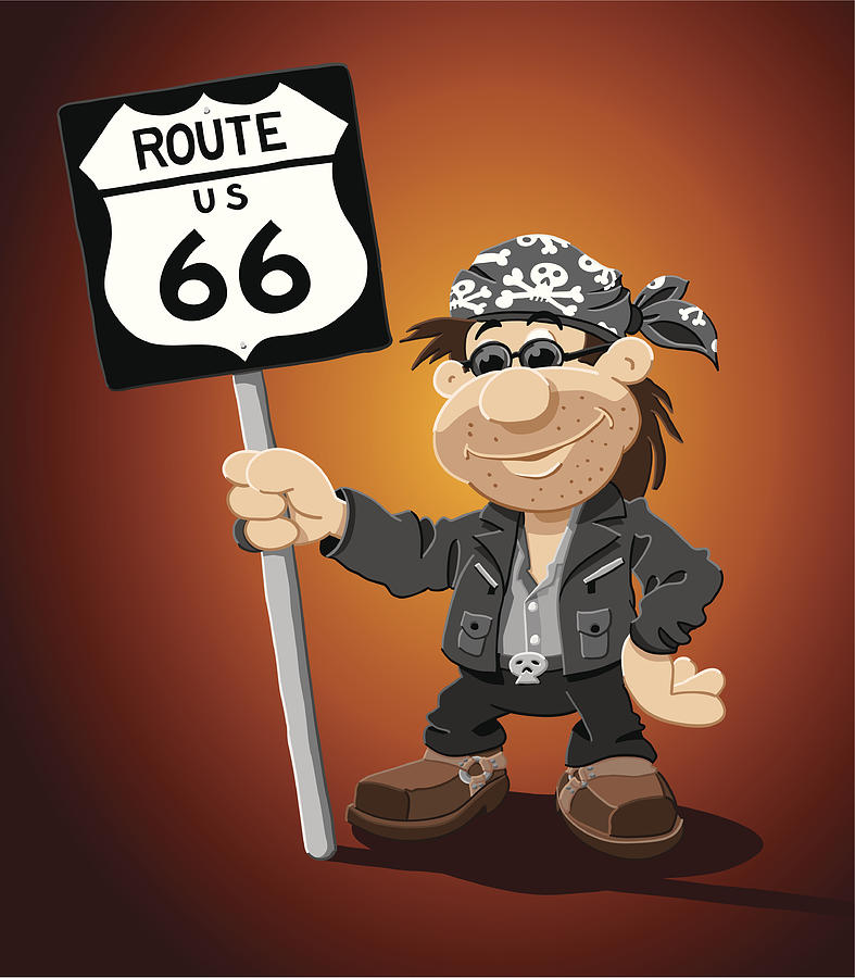 Rocker Cartoon Man Route 66 Road Sign Drawing by FrankRamspott