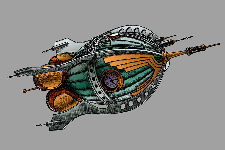 Rocket Retro Dark Spaceship Steampunk Galaxy Retro Sci Fi 2 Painting by Tony Rubino