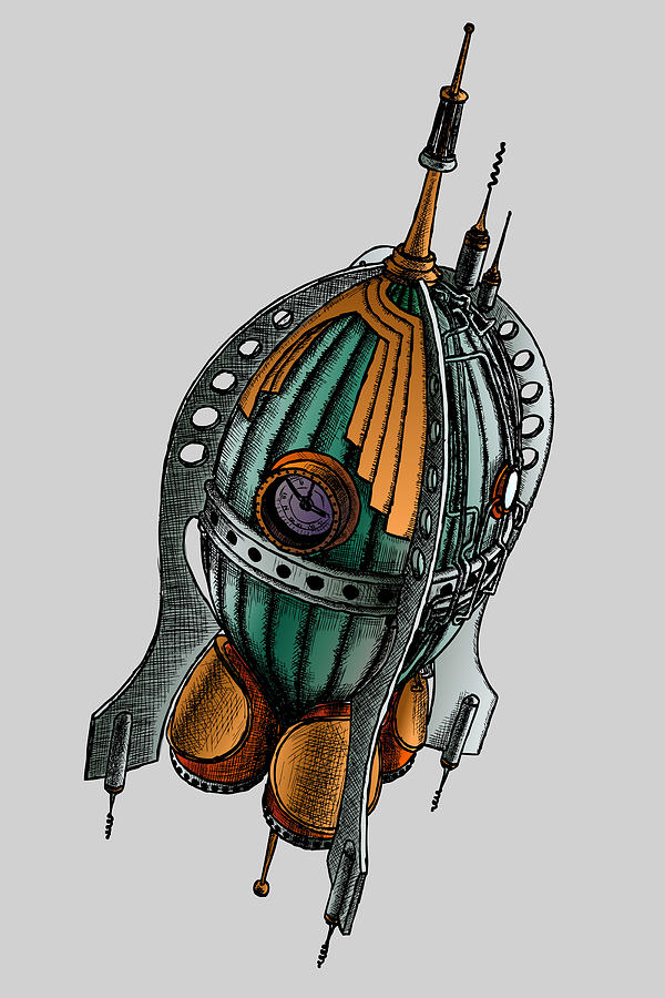 Rocket Retro Dark Spaceship Steampunk Galaxy Retro Sci Fi  Painting by Tony Rubino