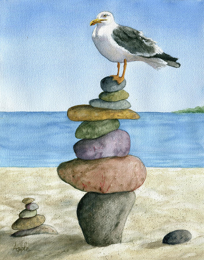 Rockin It - Seagull on Beach Painting by Linda Apple