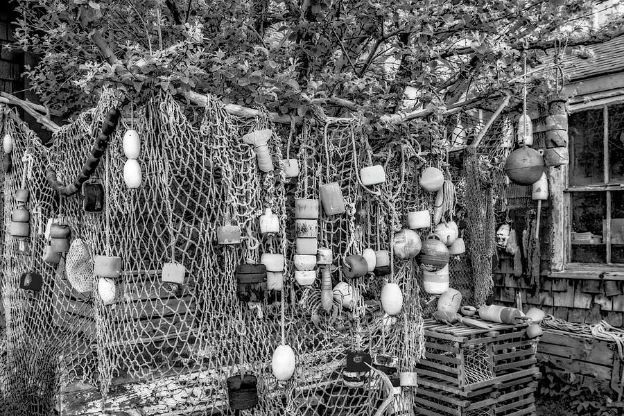 Rockport Fishing Net And Buoys BW Photograph by Susan Candelario