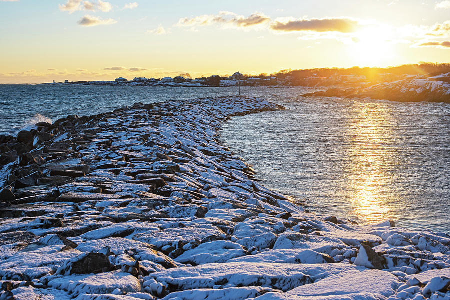Rockport Harbor Breakwater Covered in Snow at Sunrise Rockport Massachusetts Photograph by Toby McGuire