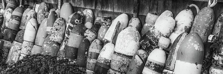 Rockport Harbor Heritage - A Panoramic View Of The Lobster Buoys In Monochrome Photograph