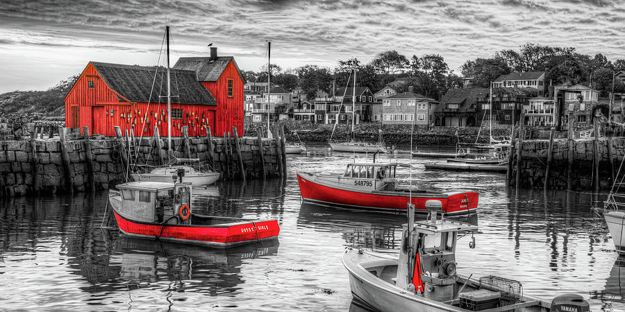Rockport Harbor Morning And Motif #1 Panorama in Selective Color Photograph by Gregory Ballos