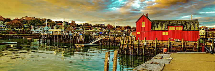 Rockport Harbor Sunrise And The Motif #1 Fishing Shack Panorama Photograph by Gregory Ballos