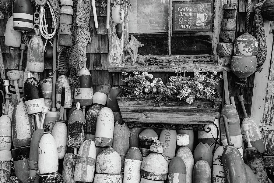 Rockport Massachusetts Lobster Buoys in Black and White Photograph by Gregory Ballos