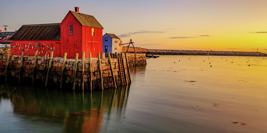 America Photograph - Rockport Sunrise and Motif #1 Red Fishing Shack Panorama by Gregory Ballos