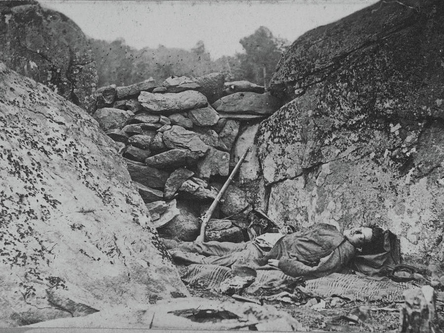 Vintage Photograph - Rocks could not save him at the Battle of Gettysburg by Timothy H OSullivan