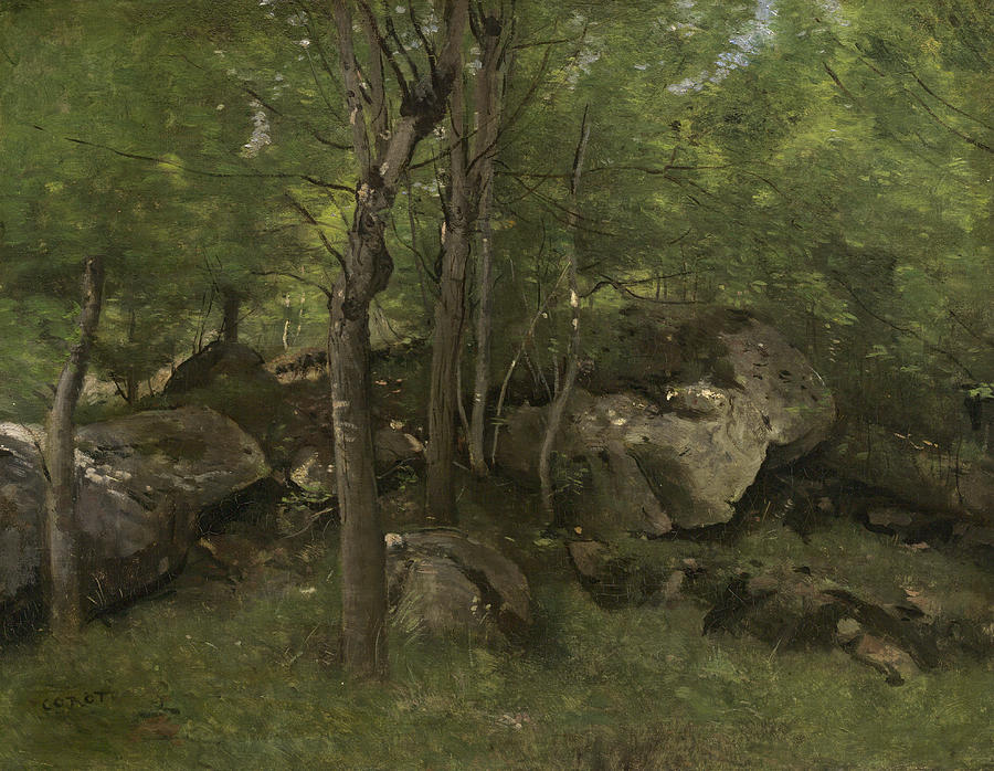 Tree Painting - Rocks in the Forest of Fontainebleau, 1860-1865 by Jean-Baptiste-Camille Corot
