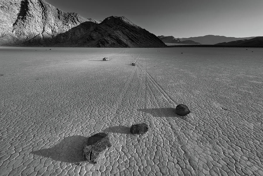 Mountain Photograph - Rocks on the Racetrack Death Valley BW by Steve Gadomski