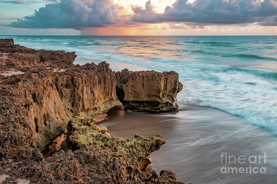 Nature Photograph - Rocks, Rain and Surf by Tom Claud