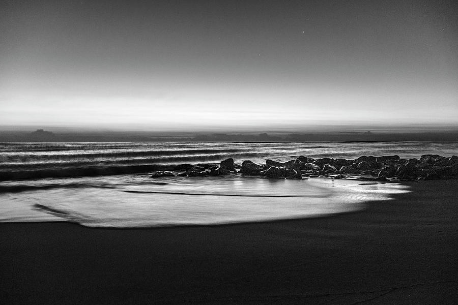 Rocky Beach at Dawn Black and White Photograph by Debra and Dave Vanderlaan