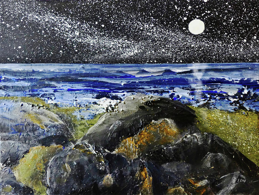 Rocky Beach Moon Rise Painting by Sharon Williams Eng