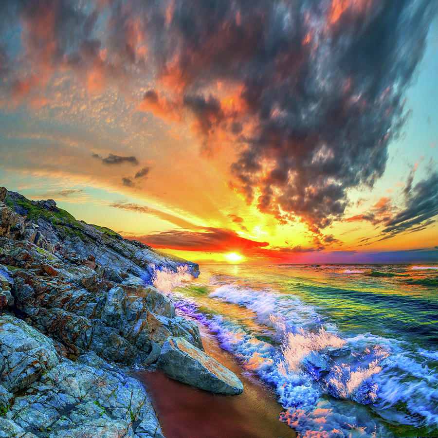 Rocky Cliffs Waves Spiral Ocean Sunset Photograph by Eszra Tanner