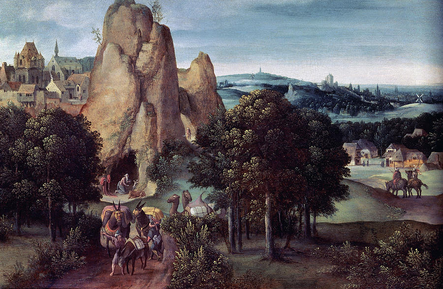Rocky Landscape With Caravan Of Camels And Saint Jeronimo Penitent. Joachim Patinir -1480-1524-. Painting by Joachim Patinir -1480-1524- Rocky Landscape With Caravan Of Camels And Saint Jeronimo Penitent. Joachim Patinir -1480-1524-. Painting by Joachim Patinir -1480-1524-