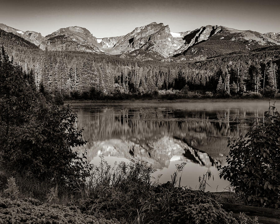 Rocky Mountain Peak Landscape Over Sprague Lake - Sepia Photograph by Gregory Ballos
