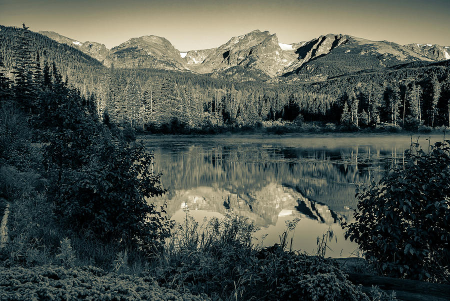 Rocky Mountain Reflections Along Sprague Lake - Sepia Edition Photograph by Gregory Ballos
