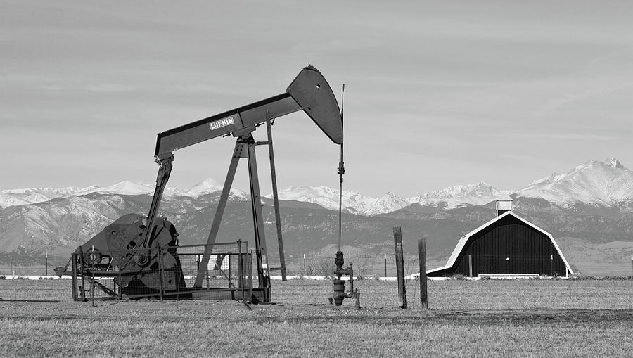 Mountain Photograph - Rocky Mountains Oil Well and Barn Panorama BW by James BO Insogna