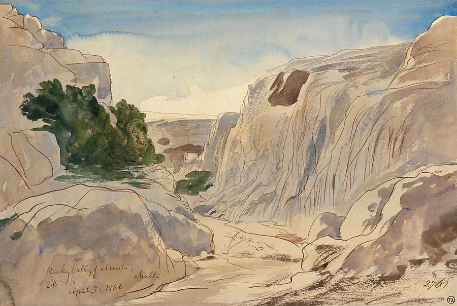 Rocky Valley of Mosta, Malta, 2-15 p.m., April 3, 1866 Drawing by Edward Lear