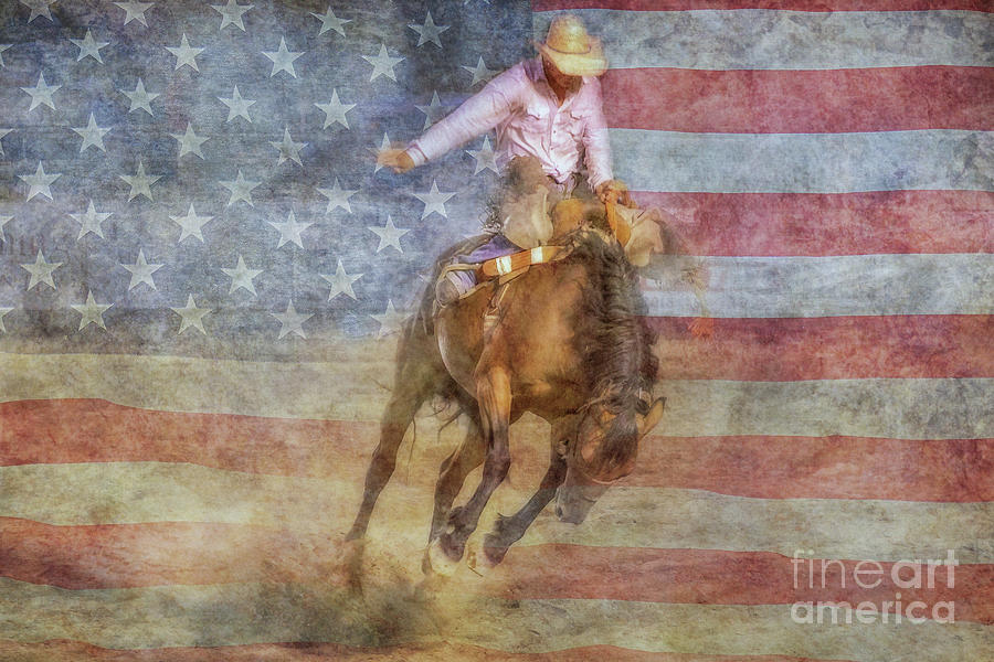 Rodeo Bronco Rider US Flag Digital Art by Randy Steele