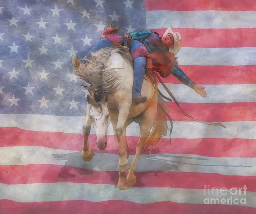 Rodeo Bronco Riding American Flag Digital Art
