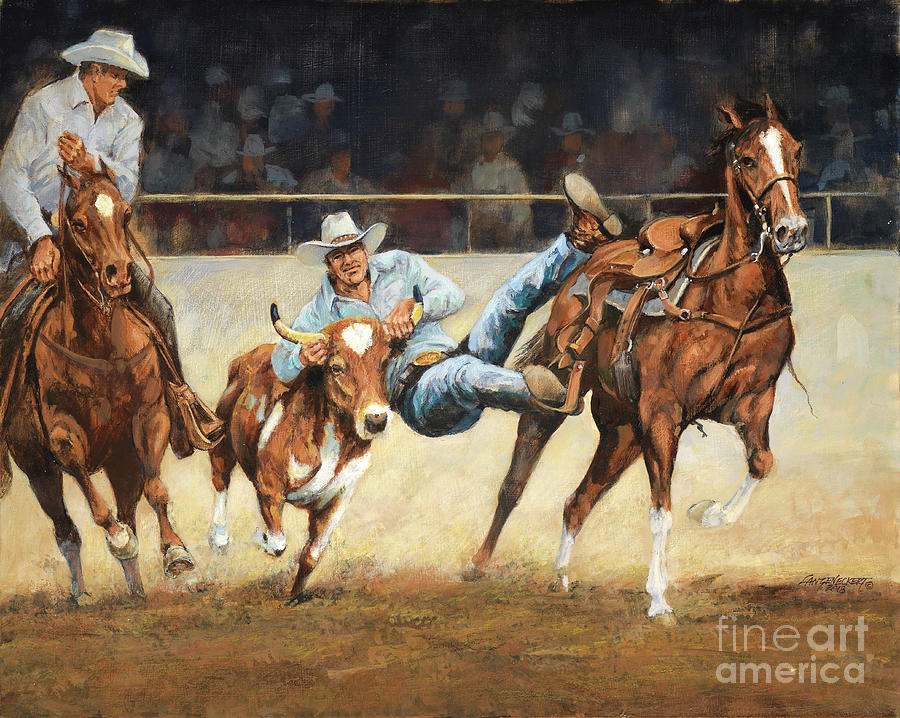 Rodeo - Cowboy Jumping off Horse with Calf Painting by Don Langeneckert ...