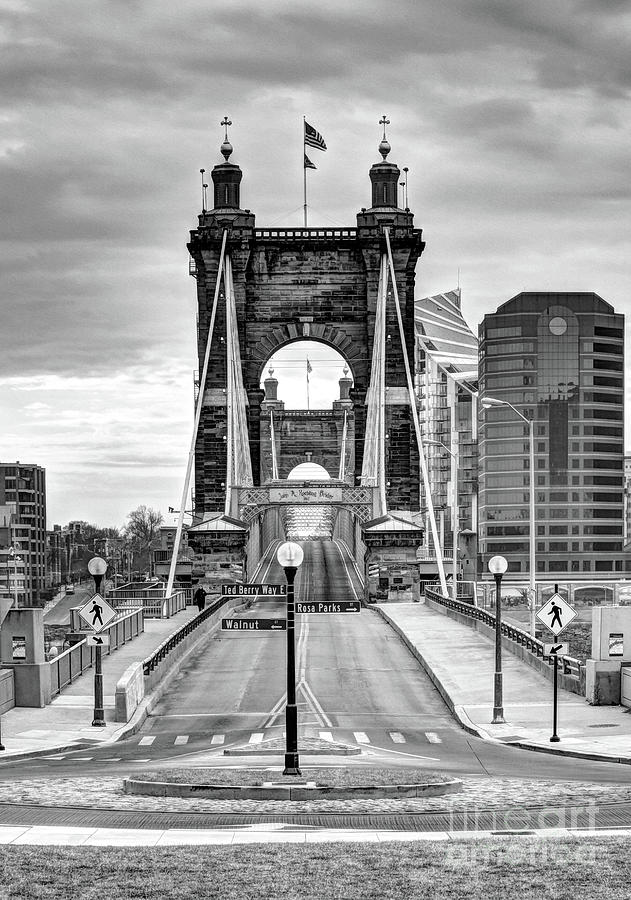 Roebling Bridge North Tower Black and White Photograph by Mel Steinhauer