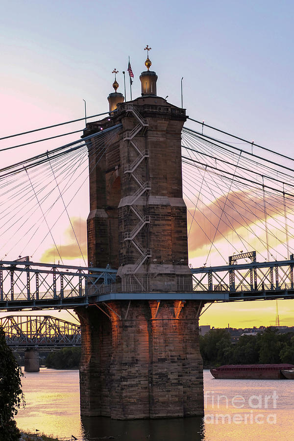 Roebling Bridge Tower at Sunset Photograph by Bentley Davis