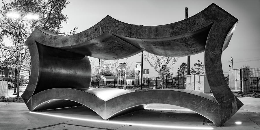 Rogers Arkansas Frisco Sculpture Panorama - Black and White Photograph by Gregory Ballos
