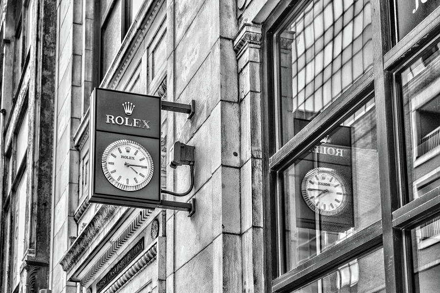 Rolex Street Clock Black and White Photograph by Sharon Popek