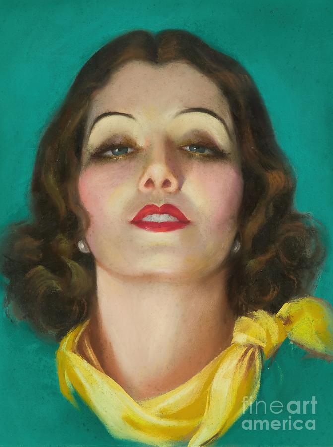 Rolf Armstrong Brunette With Pearl Earrings And Yellow Tied Scarf 
