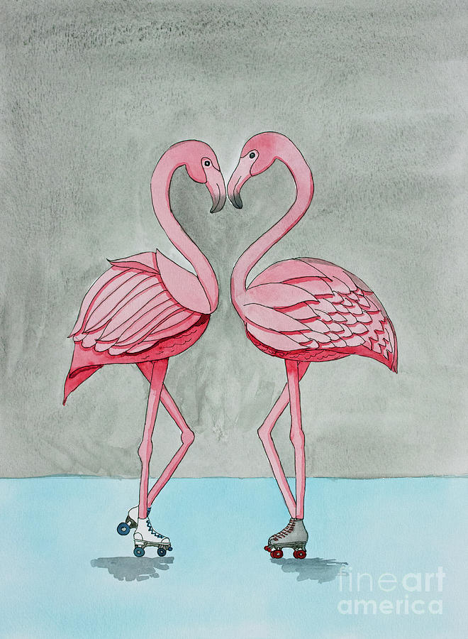 Roller Skating Pink Flamingos Painting by Norma Appleton