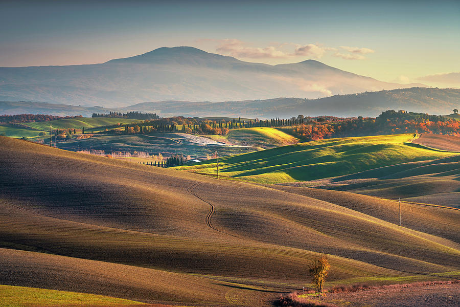 Rolling hills and Mount Amiata in Tuscany. Photograph by Stefano Orazzini