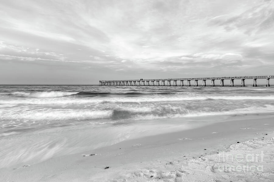 Rolling Waves Navarre Beach Pier Grayscale Photograph by Jennifer White