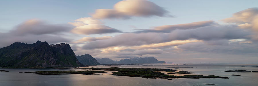 Rolvsfjorden Clouds Vestvagoya mountains sunrise Lofoten Islands Photograph by Sonny Ryse