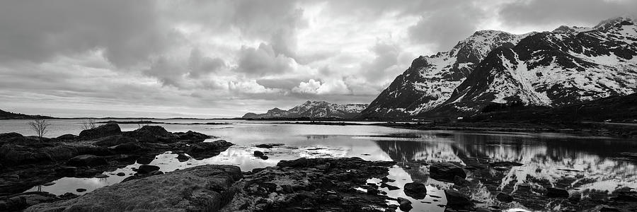 Rolvsfjorden fjord black and white lofoten islands norway 2 Photograph by Sonny Ryse