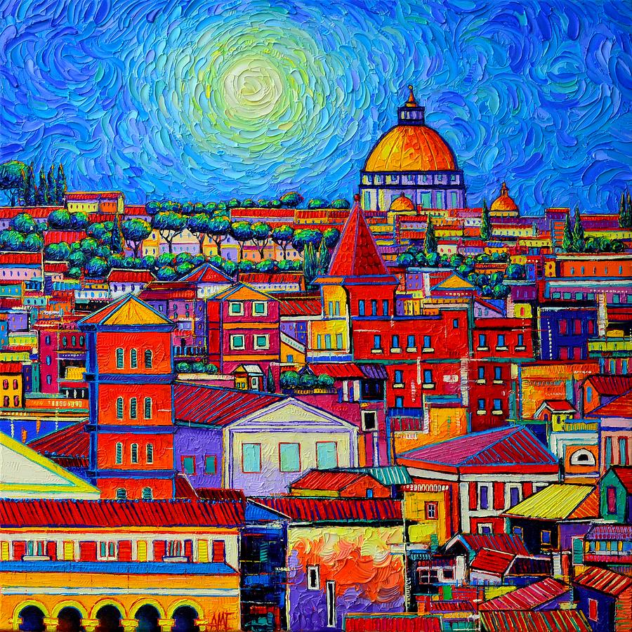 ROMA COLORFUL ROOFTOPS ABSTRACT CITYSCAPE commissioned palette knife oil painting Ana Maria Edulescu Painting by Ana Maria Edulescu