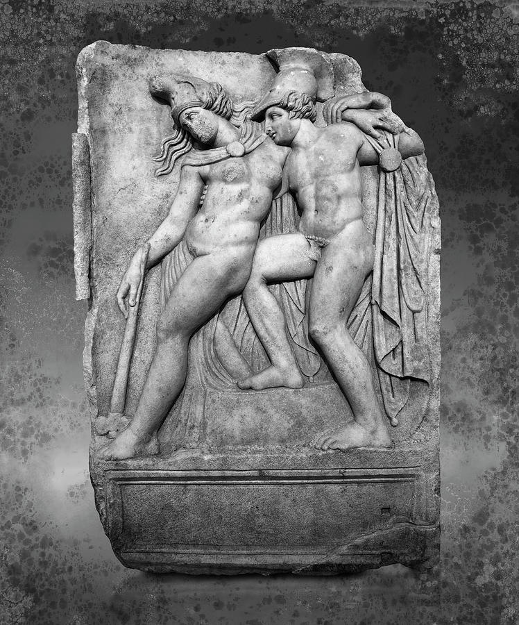 Roman bronze sculpture of Achilles and a dying Amazon. -  black and white wall art print Sculpture by Paul E Williams