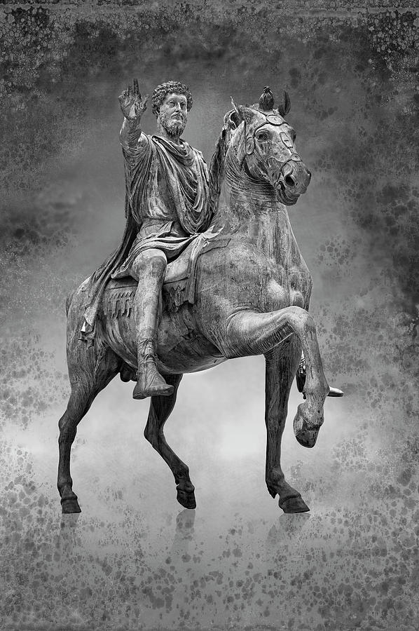 Roman bronze statue of Emperor Marcus Aurelius on horseback. -  black and white wall art print Sculpture by Paul E Williams